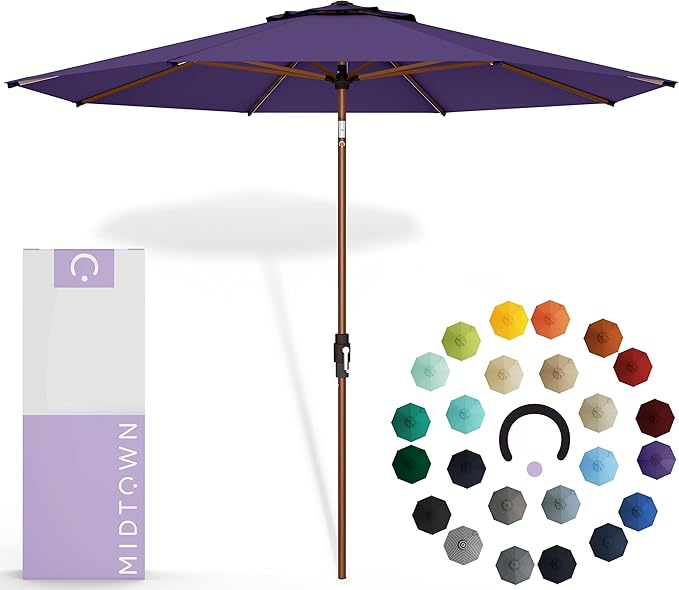 Midtown Umbrellas Sunbrella Umbrella Outdoor Patio Umbrella 2-8 Feet in Bengali Purple Acrylic Fabric - Auto-Tilt Aluminum Frame For Backyard Umbrella, Deck Umbrella & Porch Umbrella - Wooden Pole