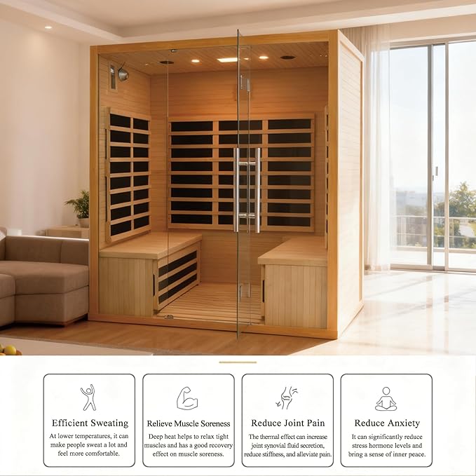 Homsido 3-4 Person Sauna, Hemlock Wooden Indoor Far Infrared Home Sauna Room 11 Low EMF Infrared Carbon Panels with Tempered Glass Door,Bluetooth Speakers 7 Chromotherapy Lights（220V, 2880W）