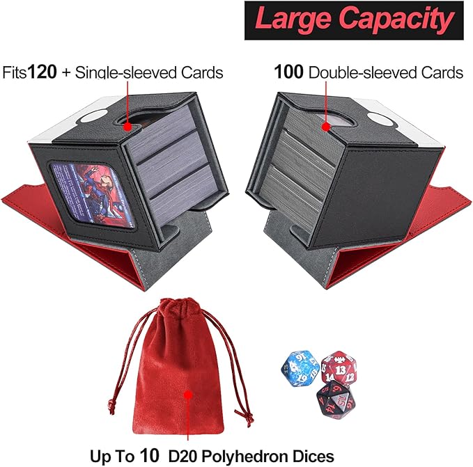 AFIING MTG Deck Box for Commander Display,Card Deck Case Fits 100 Double Sleeved Cards, Magic Commander TCG Card Storage Box with 2 Dividers,Dice Bag and 1 Toploader(Red Black)