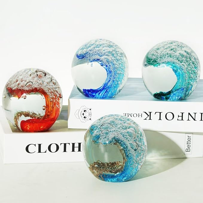 Decorative Crystal Ball Figurines Ocean Waves Paperweight Blown Glass Decor Sea Art Ocean Lovers Gift Blue Amber 3.15"