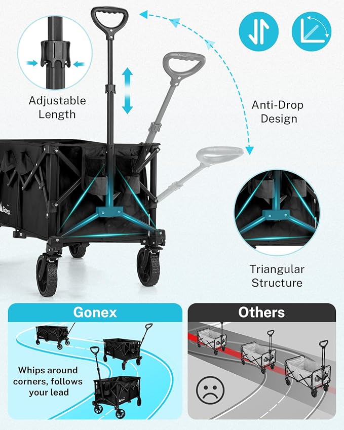 Gonex 38''L Collapsible Foldable Wagon Cart with 360lbs Weight Capacity, 220L Folding Utility Garden Cart with Detachable Wheels for Grocery Sports Shopping Camping - Black