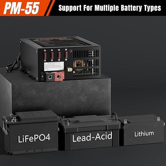 PM4 55Amp RV Power Converter - Power Converter with Built-in 4 Stage Smart Battery Charger - Multiple Capacities 55A 110V AC to 12V DC 55Amp Battery Charger RV Power Converter Replacement