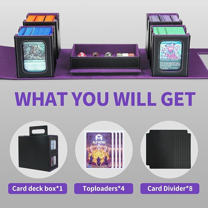AFIING Commander Deck Box for MTG, Holds 400+ Double-Sleeved Cards, 4 Removable Deck Cases with Display Window, Dice Tray/Handle,Trading Card Storage Organizer/Dividers for TCG (Black Purple)