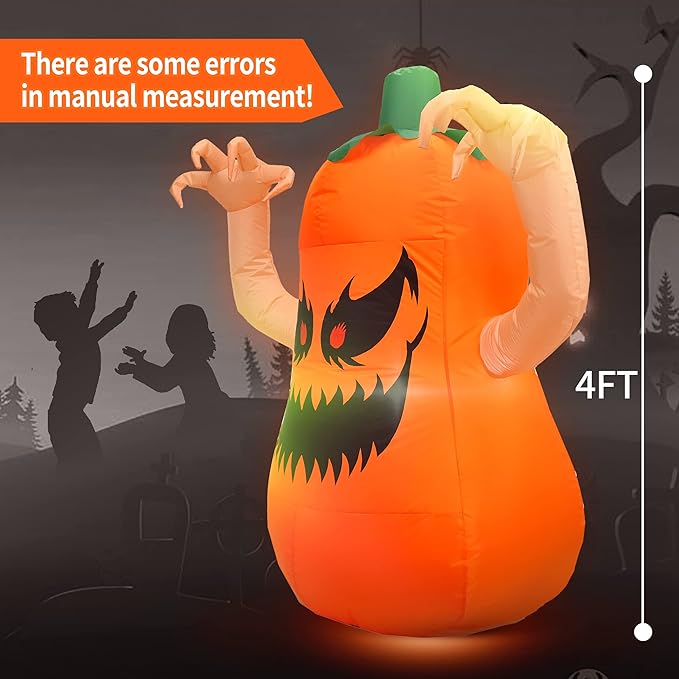 4FT Halloween Inflatable Terror Pumpkin with Build-in LED Lights, Blow up Halloween Inflatable Outdoor Indoor Decorations Large Party Yard Decoration (Terror Pumpkin)