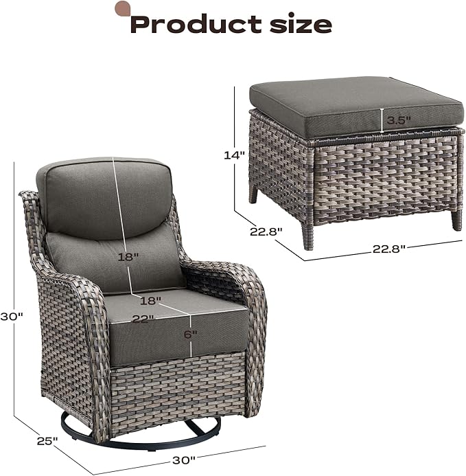Rilyson Wicker Outdoor Patio Furniture Set - 4 Piece Patio Conversation Set with Swivel Rocker Chairs and Ottomans, 6 inch Cushions, High Back, Deep Seating, for Porch Deck Garden Mixed Grey/Grey