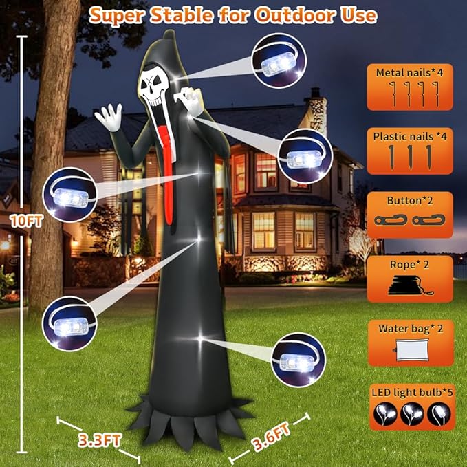 10 FT Halloween Inflatable Grim Reaper Decoration with Led Light Scary Halloween Inflatables Outdoor Lawn Decor Decorations Blow up Inflatables for Holiday