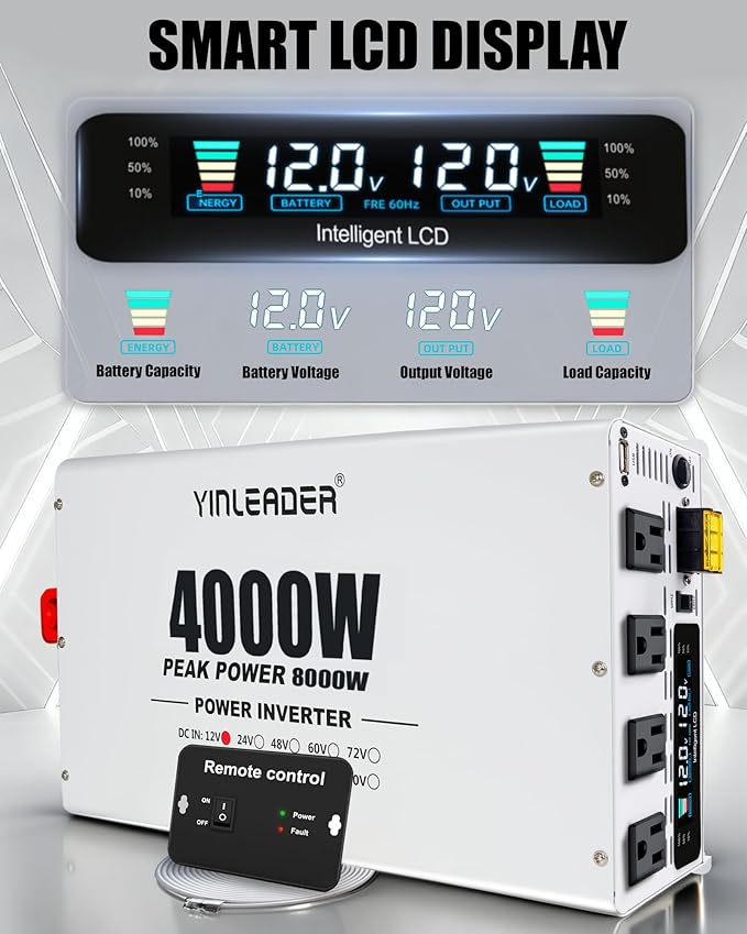 4000W Power Inverter 12V to 110V/120V, Solar Inverter Remote for RV Camping Off-Grid Solar Inverter Systems