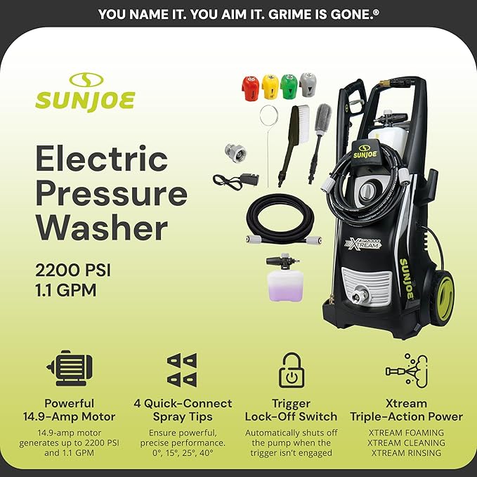 Sun Joe Electric Pressure Power Washer w/ 4 Nozzles & Foam Cannon, 2200 PSI (PWMA Certified), 1.1 GPM, 14.9-Amp Motor - Heavy-Duty Cleaning Machine for Patios, Decks, & Sidewalks, SPX3000-XT1 XTREAM