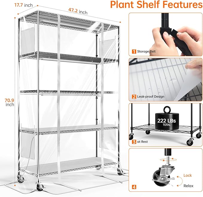 Bstrip Indoor Greenhouse with Grow Light, Tall Plant Stand with 4 Pack Full Spectrum Plant Lights , 3 Color Modes, Plant Shelf with Tent for Indoor Plant, Seed Starting, Seed Tray, 47.2"x17.8"x71"