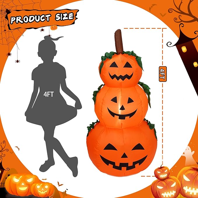 DearSun 4FT Halloween Inflatable Pumpkins Decor Blow up Pumpkin Stacked Halloween Decorations Outer Decoration Large Party Yard Decoration (Pumpkin 3)