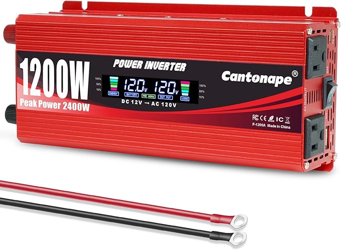 1200W/2400W(Peak) Car Power Inverter DC 12V to 110V/120V AC Converter with LCD Display Dual AC Outlets 3.0A USB and Type-C 12 Volt Inverter for Car Home Laptop Truck
