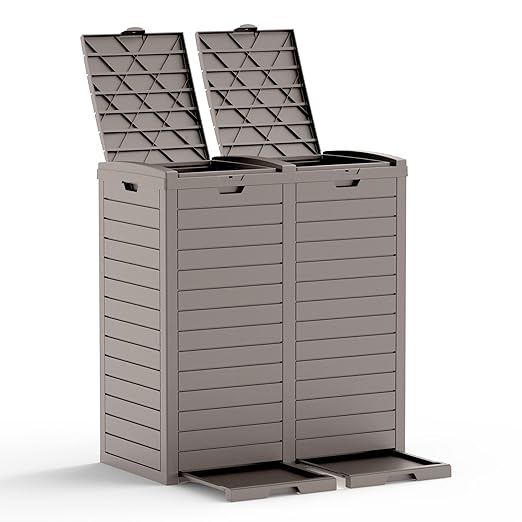 62 Gallon Outdoor Trash Can with Tiered Lid and Drip Tray,Waterproof Resin Waste Bin Indoor,Durable,Stylish,Lightweight Garbage Bin for Patio,Kitchen,Backyard and Office(Light Brown)