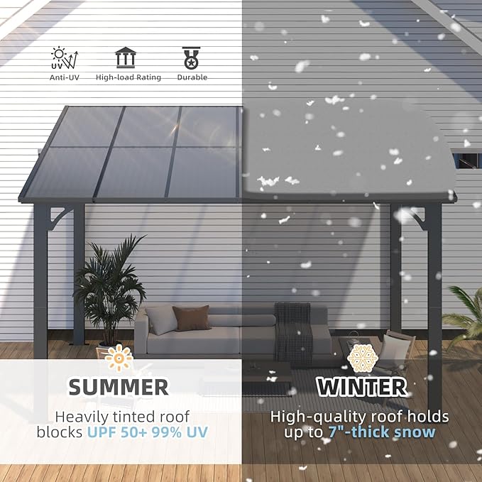 AECOJOY 12' x 8' Gazebo Outdoor Pergola for Patio, Hard Top Lean to 8x12 Gazebo Shelter Pergolas and Gazebos Clearance with Patio Roof, Large Wall-Mounted Heavy Duty Awnings for Patio, Decks, Backyard