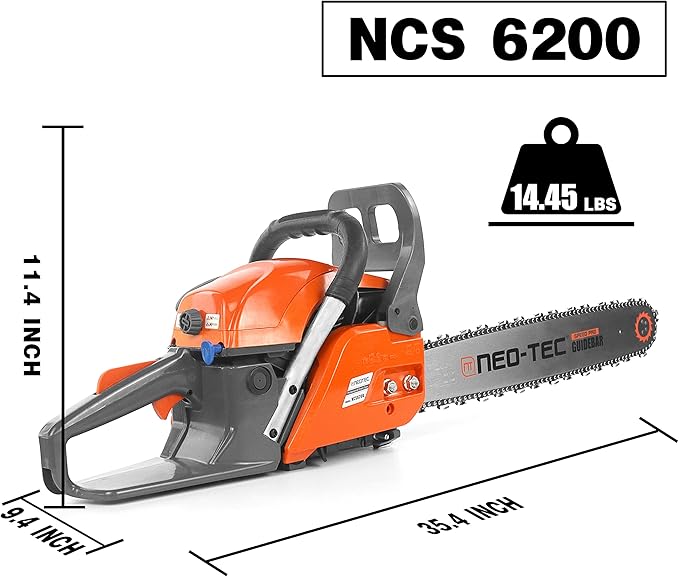 NEO-TEC 20 Inch Chainsaw, 62CC Power Chain Saws Gas Powered 2 Stroke Handed Petrol Gasoline Chain Saw for Cutting Wood Outdoor Garden