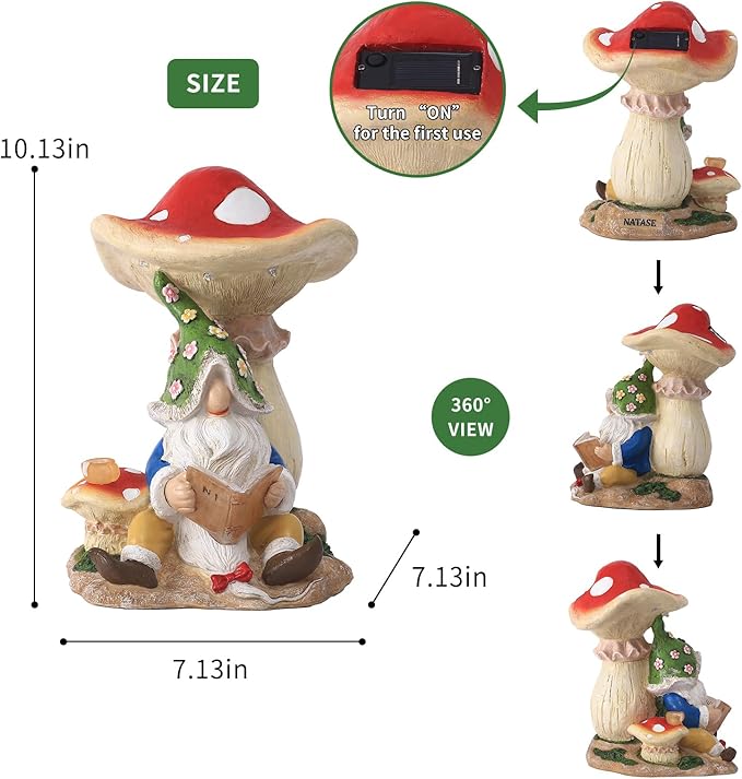 Solar Garden Outdoor Statues Gnome Reading Under Mushroom with 5 LED Solar Figurine for Lawn,Patio,Balcony,Yard Decor Unique Housewarming Gift for Grandfather, Father,Grandma,Wen