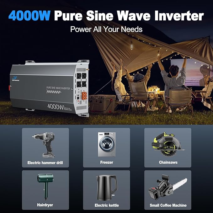 4000 Watt Pure Sine Wave Inverter 12v DC to 110v 120v AC Converter,8000W Peak Power Inverter with 4 AC Outlets,USB Port,Type-C,Remote Control LCD Display for Truck, RV, Vehicles, Solar Off-Grid