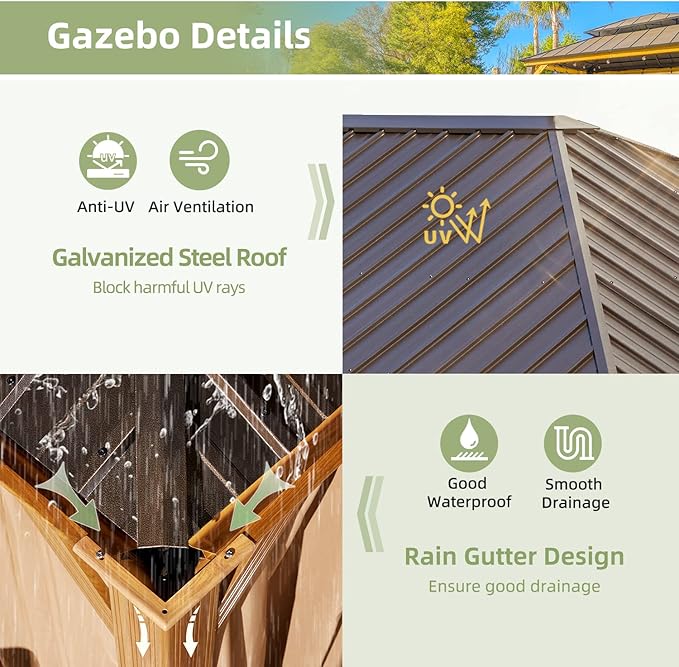 YOLENY 12' x 16' Hardtop Gazebo, Wood Looking Gazebo with Aluminum Frame and Single Galvanized Steel Roof, Outdoor Permanent Metal Pavilion with Curtains and Nettings for Deck, Backyard and Patio