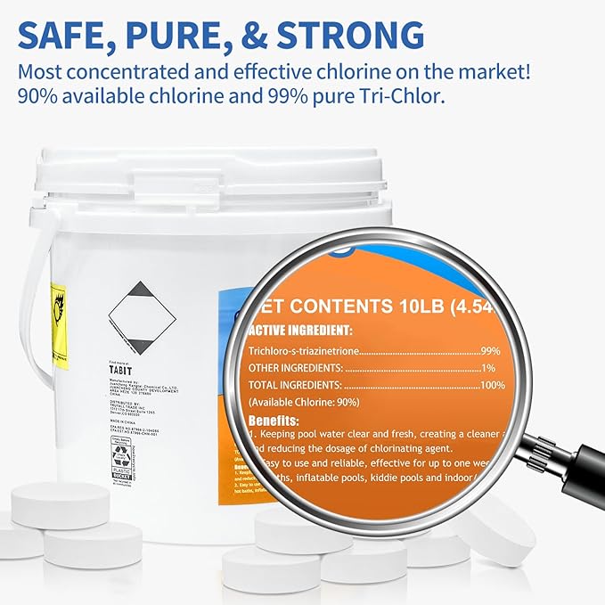 Chlorine Tablets 3 inch 10 Pounds, TABIT Swimming Pool Long Lasting Chlorinating Tablets, Slow Dissolving, Tri-Chlor for Swim Pool, Hot Tubs, Spa