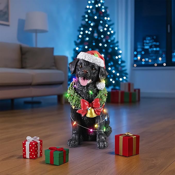 Christmas Outdoor Decoration Dog Statue, LED Light Cute Labrador Dog Sculpture with Santa Outfit & Lights for Garden and Yard, Indoor Holiday Décor Gift for mom and dad
