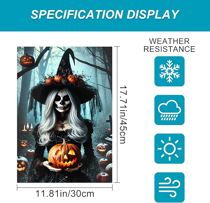 Halloween Garden Flag 12x18 Inch Gothic Witch Holding Pumpkin Scary Skeleton Woman Yard Banner Spooky Outdoor Halloween Decoration for Porch Lawn Graveyard
