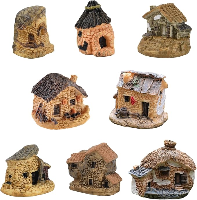 Mini House Figurine 8PCS, Mini Cottage Miniature Gardening Landscape Micro Village Stone Houses Fairy Garden Accessories for Home Decoration