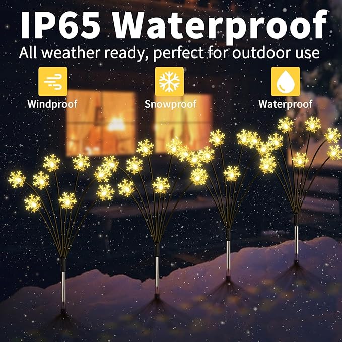 Set of 4 Snowflake Solar Christmas Decorations, 8 Modes Swaying Garden Lights, Outdoor Pathway Solar Christmas Stake Lights, Upgraded Base on Firefly Light for Lawn Decor (Warm White)