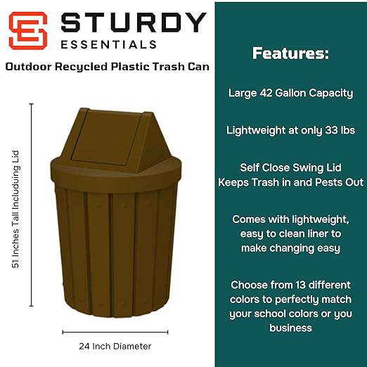 42 Gallon Round Slatted 100% Recycled Plastic Indoor or Outdoor Commercial Trash Can with Easy Access Swing Top Lid | Great for Schools and Businesses - Brown