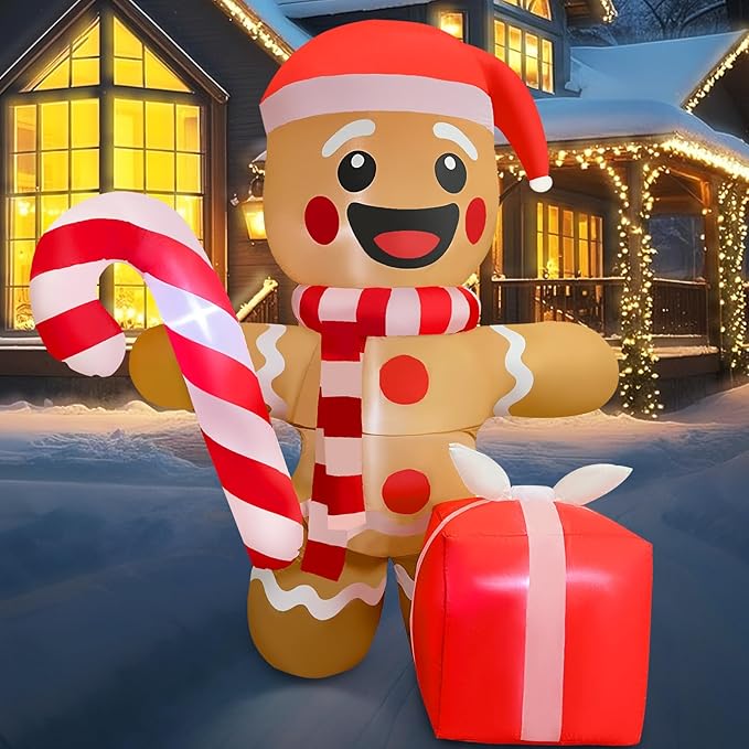 2025 Christamas Inflatable Gingerbread 6FT Gingerbread Man with Gift Box Christamas Inflatables Outdoor Decoration Xmas Gingerbread Blow Up Decor with Built-in 4 LED for Holiday Party Yard Garden Lawn