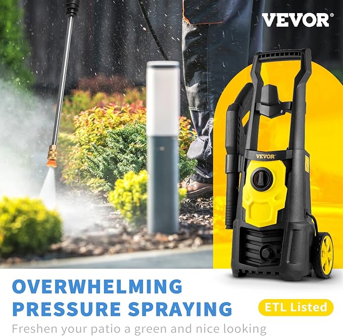 VEVOR Electric Power Washer, 2000 PSI, Max 1.65 GPM Pressure Washer w/ 30 ft Hose & Reel, 5 Quick Connect Nozzles, Foam Cannon, Portable to Clean Patios, Cars, Fences, Driveways, ETL Listed