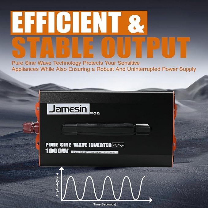 Jamesin Pure Sine Wave Inverter 1000 Watts, 2000 Watts Peak Power, 12 VDC to 110/120 VAC with LED Display for Home, Truck, Car, RV, Residential Solar Systems