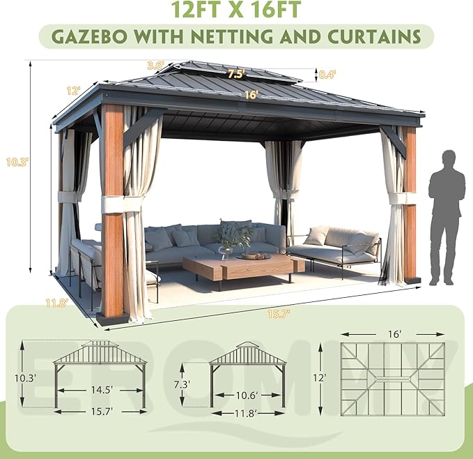 EROMMY 12' x 16' Hardtop Gazebo, Wooden Grain Aluminum Frame Thicker Column with Galvanized Steel Roof, Outdoor Permanent Pavilion with Curtains and Nettings for Patio, Backyard, Deck and Lawns