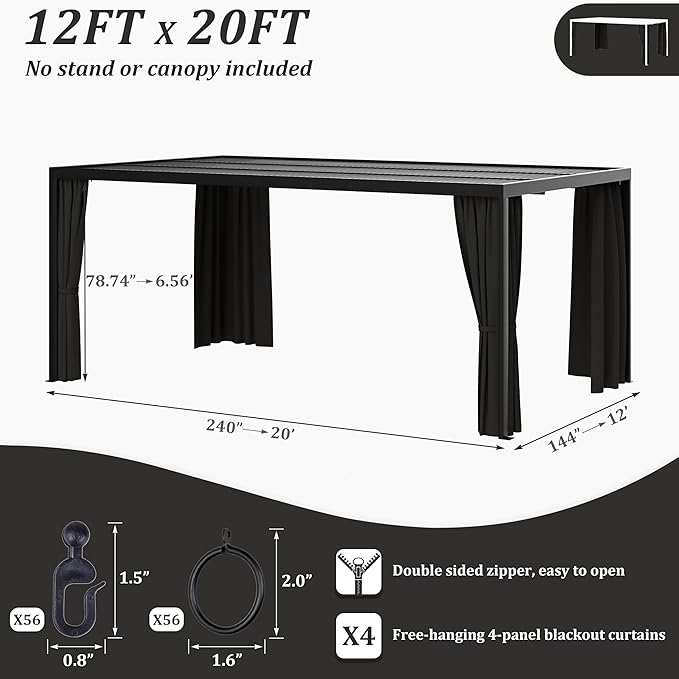 Gazebo Universal Replacement Privacy Curtain,12'×20' Gazebo Outdoor Waterproof Curtains, 4-Panels Sidewall Curtains with Double Zipper for Patio Canopy, Garden and Backyard (Curtain Only)