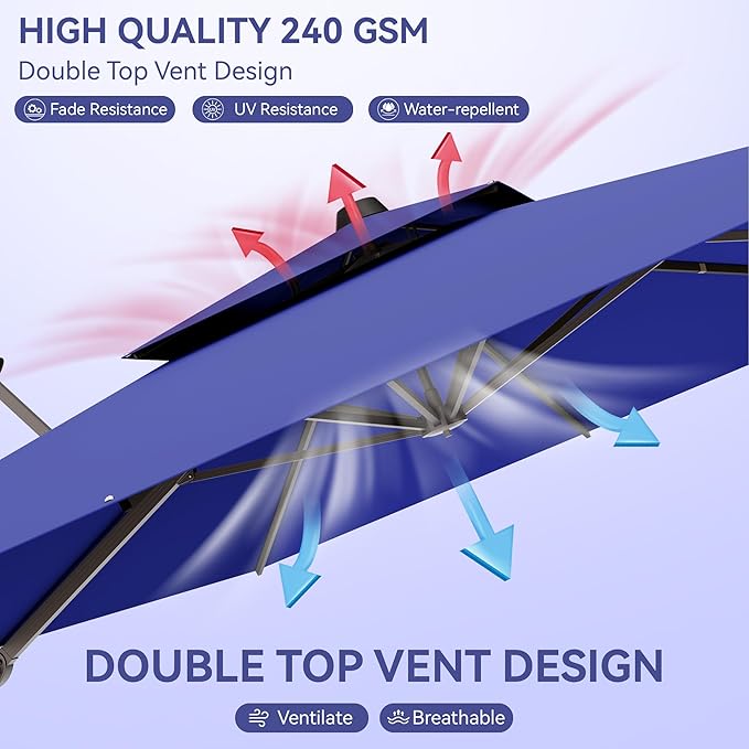 9x12 FT Patio Umbrella, Large Cantilever Rectangular Double Top Heavy Duty Offset Umbrellas with 360° Rotation, Outdoor shade for Garden Deck Pool, Navy