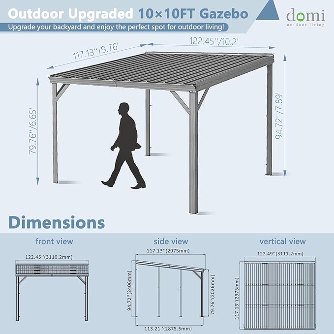 Domi 10’x10’ Wall-Mounted Hardtop Gazebo Pergola – Permanent Lean-to Outdoor Shelter with Sloped Galvanized Steel Roof & Upgraded Drainage – Grey Metal Patio Cover for Backyard, Deck, Garden