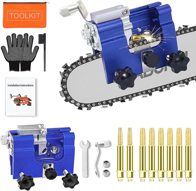 Chainsaw Sharpening Jig, Portable Hand Chain Saw Sharpener Tool with 8 Titanium-Plated Bits, Gloves, Storage Bag & Brush, Chainsaw Sharpener, Chainsaw Sharpener Kit for 4"-22" Chainsaw & Electric Saws