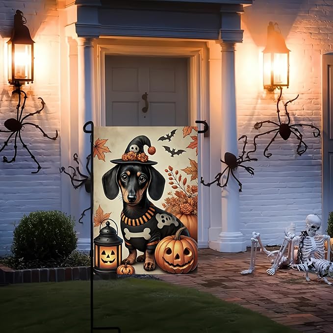 Halloween Garden Flag 12x18 Dachshund Pumpkin Witch Hat Double Sided Polyester Flag