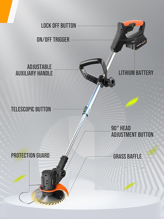 Electric Weed Wacker Cordless, 21V Weed Eater Battery Powered with 2 Batteries and Charger, 3 in 1 Electric Grass Trimmer Cordless Edger Brush Cutter with Saw & Metal Blade for Lawn Garden Yard