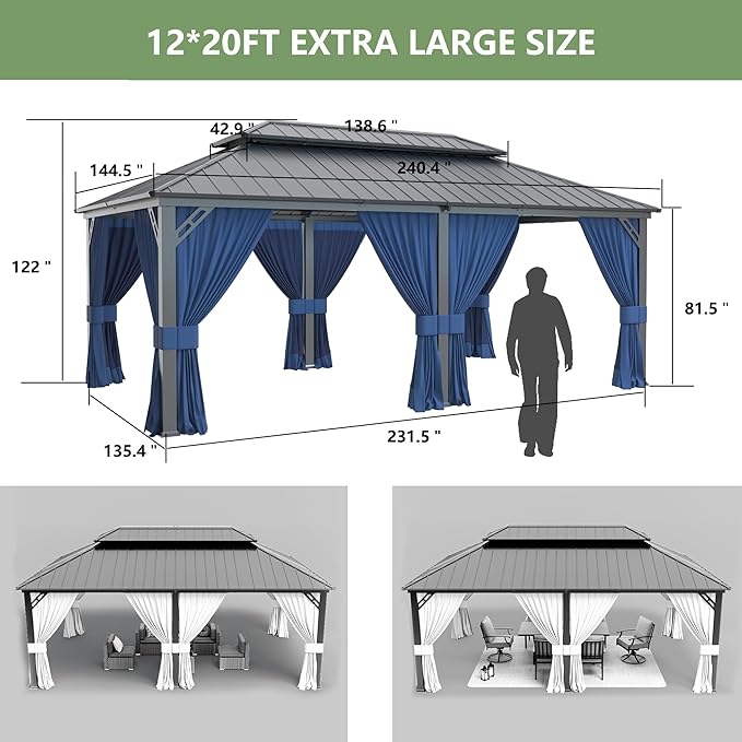 12' x 20' Hardtop Gazebo,Outdoor Galvanized Steel Metal Double Roof Gazebo with Curtains and Netting for Patios, Gardens, Lawns,Navy Blue