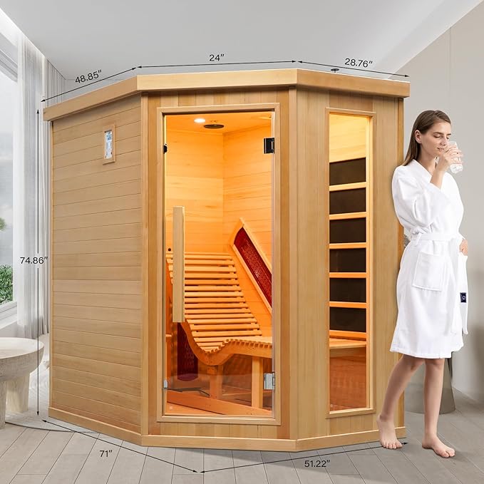 ZONEMEL Infrared Sauna Room with Recliner, 1 or 2 Person Full Spectrum Infrared Sauna Home, 220V, 2300W, 4 Heating Tubes, 4 Carbon Crystal Heating Panel, Bluetooth Speakers, 7 Color Light, Oxygen Bar