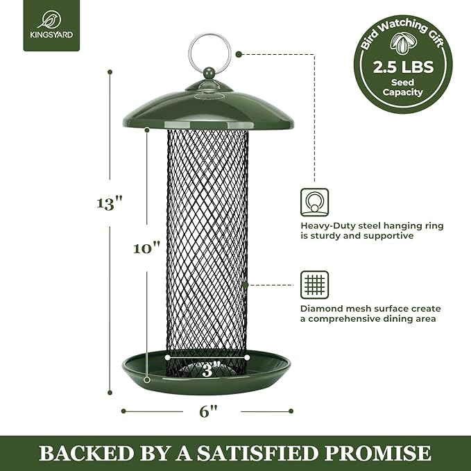 Kingsyard Mesh Tube Bird Feeders for Outdoors Hanging, All Metal, Wild Bird Feeder for Sunflower Seeds or Mealworm, Large Tray & Weatherproof Roof, 2.5 lbs Capacity (Dark Green)