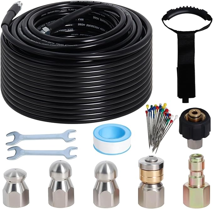 50FT Sewer Jetter Kit for Pressure Washer, 5800PSI Water Jet Durable Drain Cleaner Hose 1/4 Inch NPT Corner with 4 Specialized Nozzles，Waterproof Tape, Pearl Corsage Pin, Handle Strap & 2 Spanners