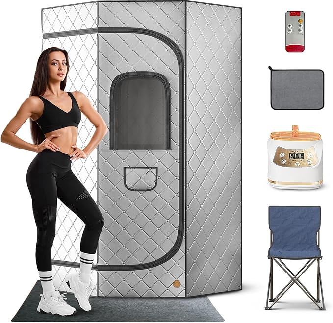 Home Steam Sauna Box, Portable Sauna for Home, Steam Sauna Tnet Full Size Single Person Sauna with 3.0L&1500W Steamer, Remote Control, Foldable Chair & RGB LED Light （Silver）