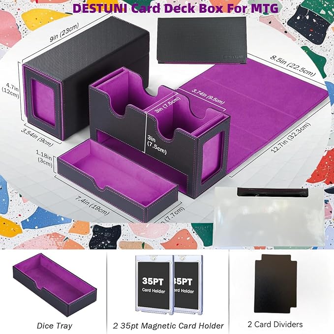 Card Deck Box for mtg – Fits 100+ Double-Sleeved Cards, Dual Commander Display with Dice Tray, PU Leather Organizer for TCG, CCG, Sports Cards (Black&Purple)