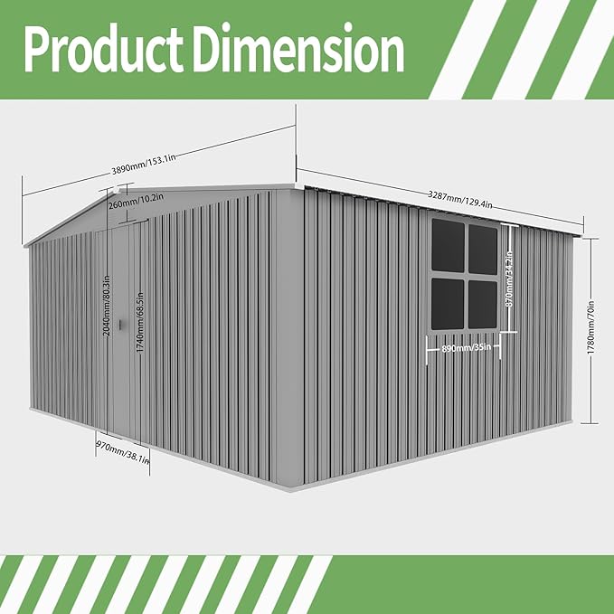 13ft x 11ft Dual Purpose Outdoor Shed: All-in-One Metal Tool Storage & Firewood Rack | Winter-Ready Design | Grey Galvanized Steel