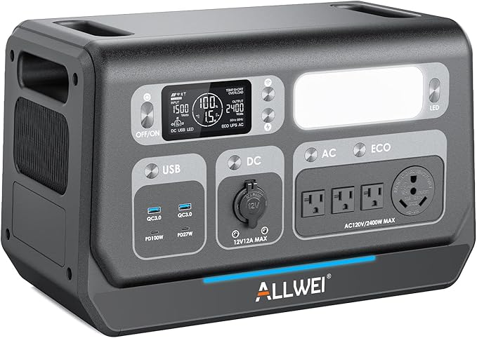 ALLWEI Portable Power Station 2400W(Surge 4800W), 2048Wh LiFePO4 Battery, Solar Generator with UPS, Full Charge in 1.5Hrs, 4 AC Outlets, Outdoor Generator for RV Camping Off-grid Home Backup