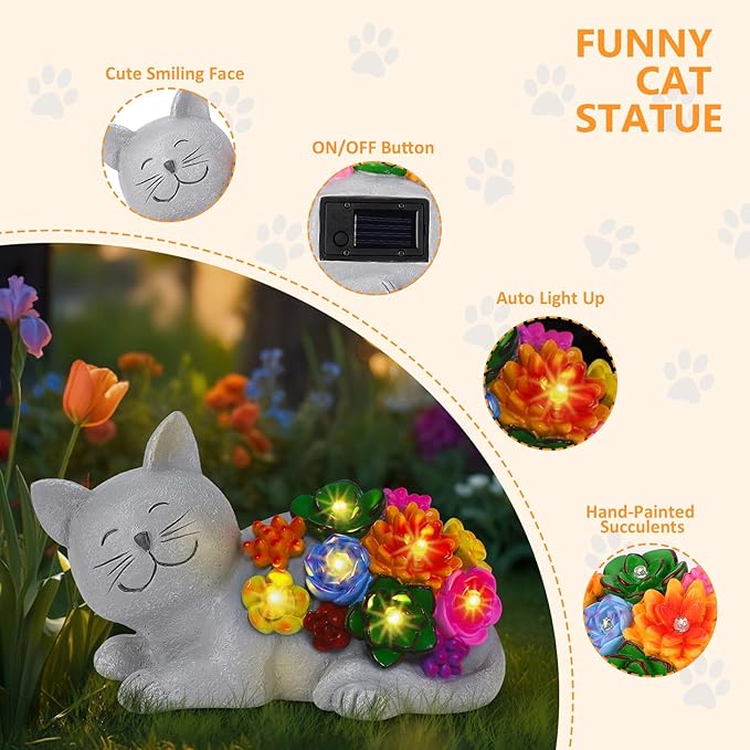 Solar Garden Decor Cat Statue, Outdoor Decor Cat Figurine with Succulentss and 6 LED Lights for Yard Art Lawn Porch, Unique Birthday Gifts for Women Mom