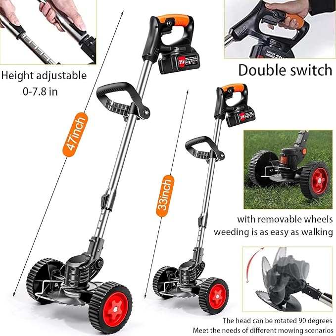 Electric Weed Wacker 21V Electric Weed Cordless Eater with 2pcs Batteries and 3 Types Blades&Auxiliary Wheel Weed Trimmer Lightweight 3 in 1 Stringless Grass Trimmer Edger/Brush Cutter for Lawn