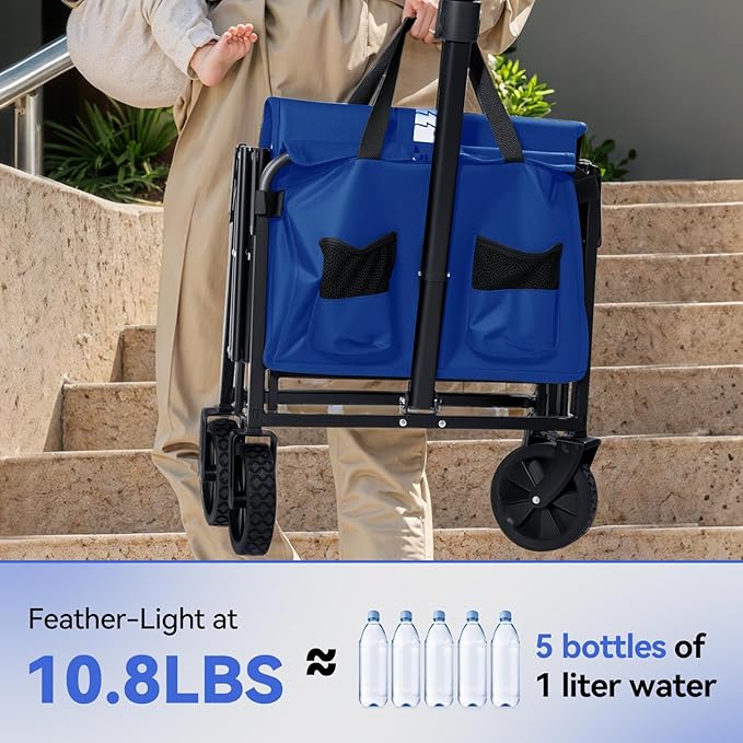 Collapsible Folding Wagon, Heavy Duty Foldable Cart with Wheel, Lightweight Utility Grocery Carts with 200lbs Weight Capacity for Garden, Beach, Camping Sports, Fishing (Royal Blue)