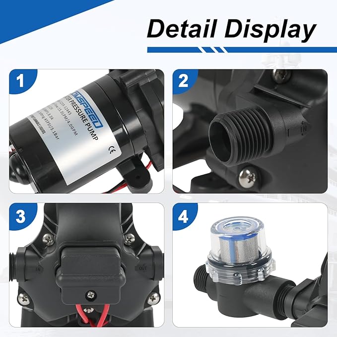 4.0 GPM 12V DC 45 PSI Revolution Water Pump with Pressure Switch Compatible with Camper, RV, Shower, Sprayer