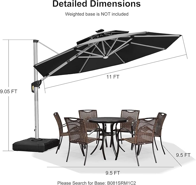 PURPLE LEAF 11ft Solar powered LED Patio Umbrella Outdoor Round Umbrellas Large Cantilever Umbrella with LED lights Windproof Offset Umbrellas Heavy Duty Sun Umbrella for Garden Deck Pool Patio, Grey